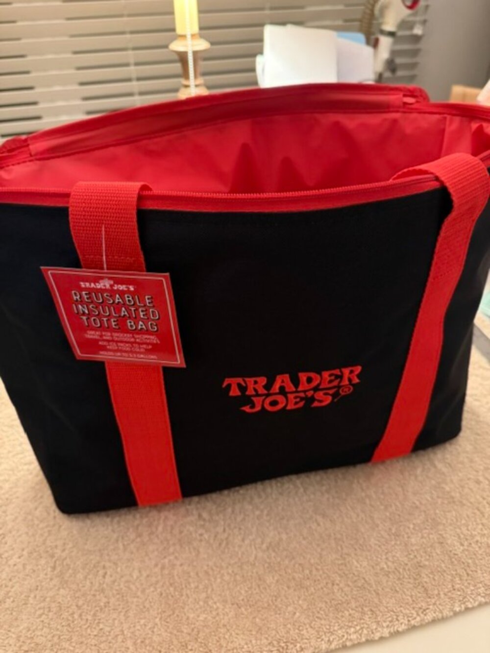 Trader Joe’s Reusable Insulated Tote Bag Black Red Large Grocery Cooler NWT